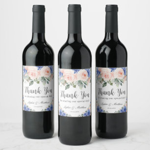 Étiquette Pour Bouteilles De Vin Bleu Floral Mariage Cadeau Remerciement de Mariée