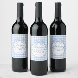 Étiquette Pour Bouteilles De Vin Bleu Gingham Coquette Nœud Robe de Mariée Cadeau