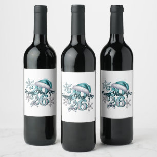 Étiquette Pour Bouteilles De Vin Bleu Glacé 2026 avec Chapeau de Père Noël et Floco