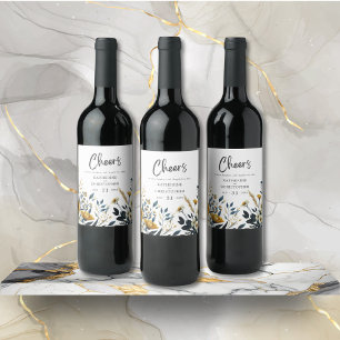 Étiquette Pour Bouteilles De Vin Bleu Jaune Élégant Fleurs sauvages Mariage