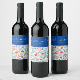 Étiquette Pour Bouteilles De Vin Bleu marine Rose sauvage Forêt tropicale Épinard M