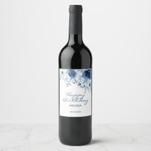 Étiquette Pour Bouteilles De Vin Bleu moderne Rose verdure fleurie Anniversaire