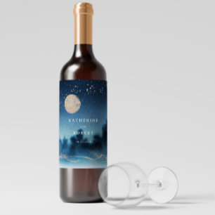 Étiquette Pour Bouteilles De Vin Bleu Nuit Aquarelle Paysage Mariage Étiquette de v