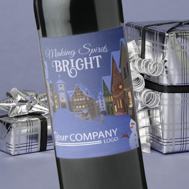 Étiquette Pour Bouteilles De Vin Bleu, Nuit d'or Noël Vielle ville (company Christmas logo wine labels, corporate holiday stickers, blue bavarian shops old town lights)