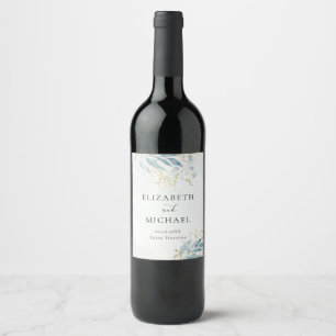 Étiquette Pour Bouteilles De Vin Bleu Or (Imiter) Aquarelle Mariage