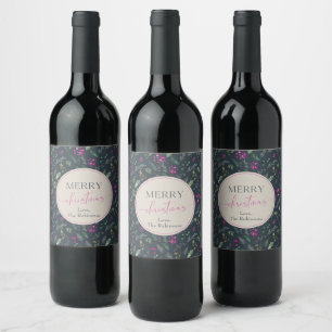 Étiquette Pour Bouteilles De Vin Bleu Rustique rose Tonte Botanique Verdure Noël