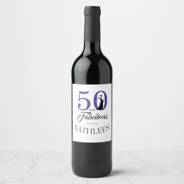 Étiquette Pour Bouteilles De Vin Blue 50 et fabuleux fête d'anniversaire Nom person (Devant)