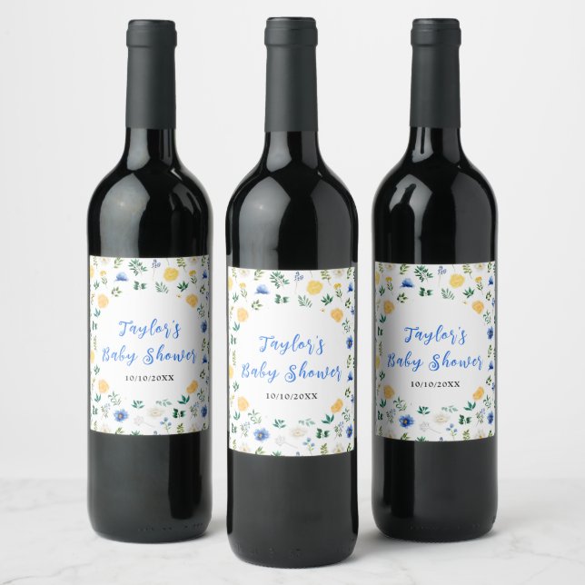 Étiquette Pour Bouteilles De Vin Blue and Yellow Floral Baby Shower (Bouteilles)