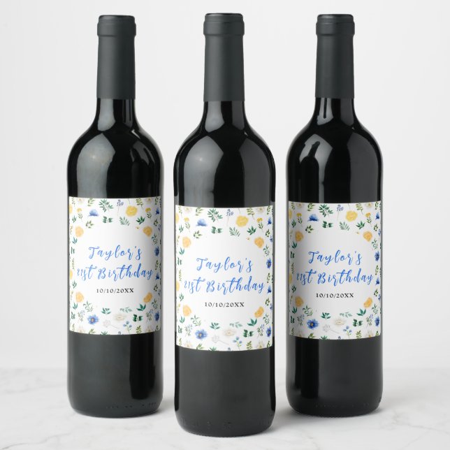 Étiquette Pour Bouteilles De Vin Blue and Yellow Floral Birthday (Bouteilles)