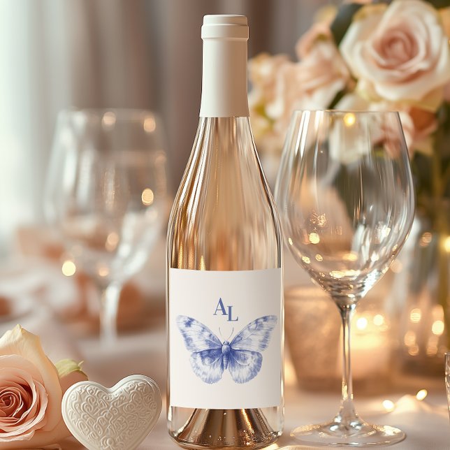 Étiquette Pour Bouteilles De Vin Blue Chinoiserie Floral Botanique Mariage (Créateur téléchargé)