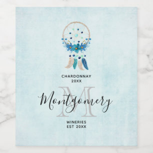 Étiquette Pour Bouteilles De Vin Blue Dreamcatcher Design Boho élégant vinification