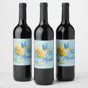 Étiquette Pour Bouteilles De Vin Blue Free Ukraine Tournesol & Papillon 
