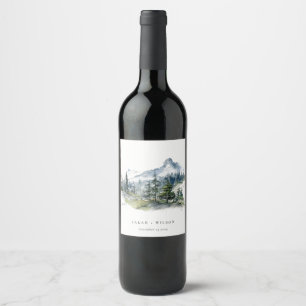 Étiquette Pour Bouteilles De Vin Blue Green Woods Mountain Paysage Mariage de croqu