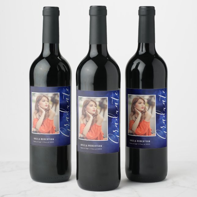 Étiquette Pour Bouteilles De Vin Blue Nebula Space Stylish Modern Photo Graduation (Bouteilles)