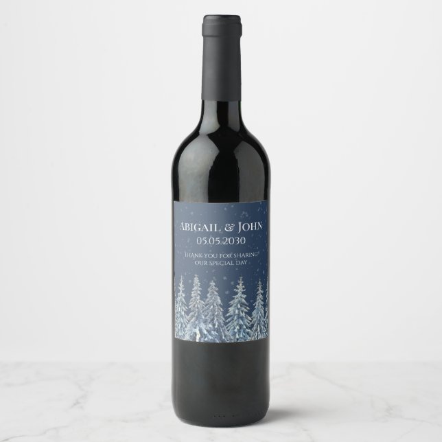 Étiquette Pour Bouteilles De Vin Blue Rustic Snowy Night Forest Wedding Wine Label (Devant)