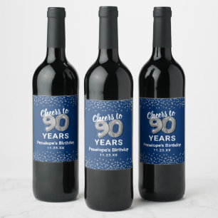 Étiquette Pour Bouteilles De Vin Blue Silver 90th Birthday Vin Étiquette