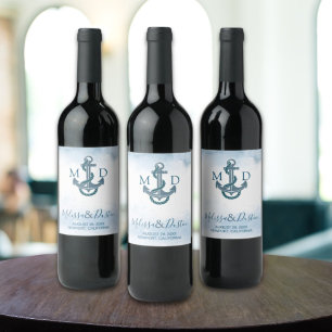 Étiquette Pour Bouteilles De Vin Blue Watercolor Beach Ancre Mariage nautique