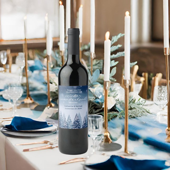 Étiquette Pour Bouteilles De Vin Blue Winter Wonderland Pine Noël Mariage (Créateur téléchargé)