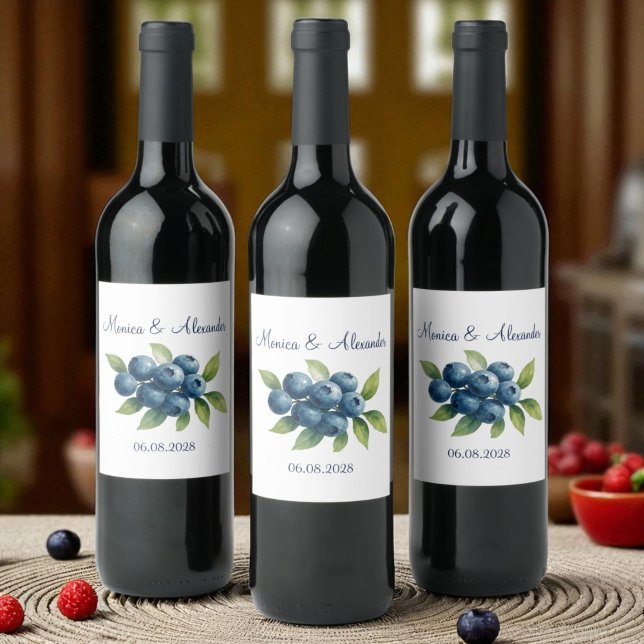 Étiquette Pour Bouteilles De Vin Blueberries Fruits bleuets Mariage d'été (Créateur téléchargé)