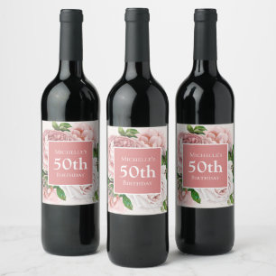 Étiquette Pour Bouteilles De Vin Blush rose personnalisé floral 50e anniversaire