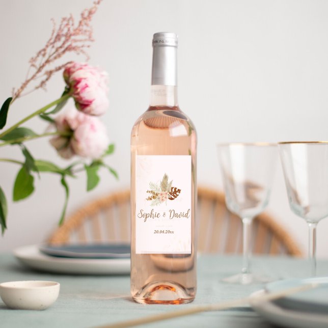 Étiquette Pour Bouteilles De Vin Boheme Chic Floral (Etiquette bouteille de vin mariage boheme avec bouquet herbes pampa)