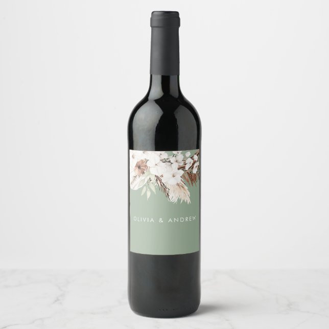 Étiquette Pour Bouteilles De Vin Bohème Sage Moderne Floral Nom du Mariage (Devant)