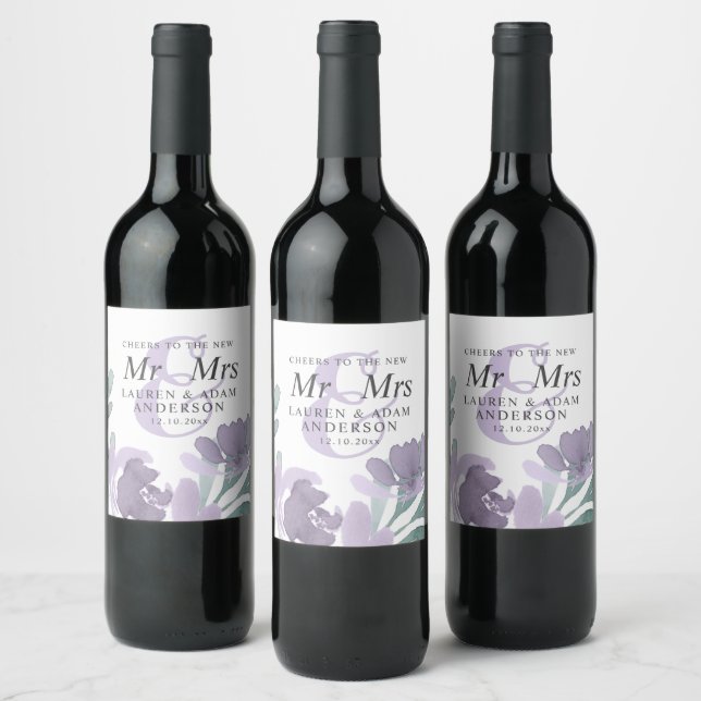 Étiquette Pour Bouteilles De Vin Boho Aquarelle violet fleurs Mariage (Bouteilles)