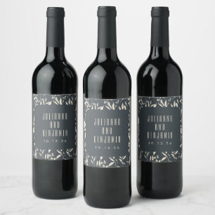 Étiquette Pour Bouteilles De Vin Boho Black Main Tirée Floral Mariage Personnalisé