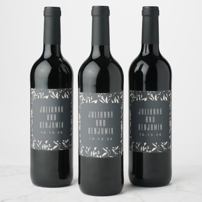 Étiquette Pour Bouteilles De Vin Boho Black Main Tirée Floral Mariage Personnalisé (Bouteilles)