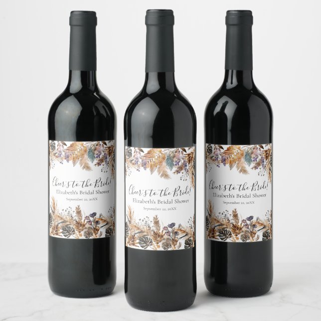 Étiquette Pour Bouteilles De Vin Boho Bleu Marron Botanique Palmier Herbe de Pampas (Bouteilles)