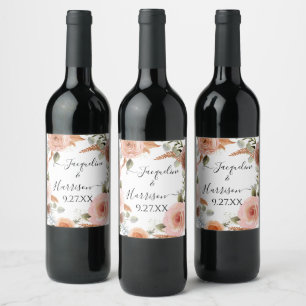Étiquette Pour Bouteilles De Vin BOHO Blush Peach Floral Rust Vert Aquarelle