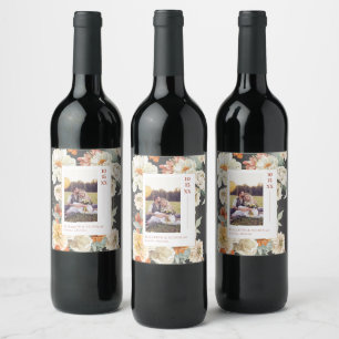 Étiquette Pour Bouteilles De Vin Boho Dark Floral Photo Mariage Monogramme