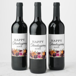 Étiquette Pour Bouteilles De Vin Boho d'automne aquarelle florale Thanksgiving