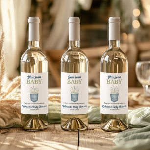 Étiquette Pour Bouteilles De Vin Boho Floral Denim Pocket Blue Jean Baby shower