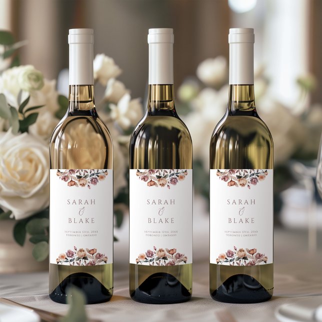 Étiquette Pour Bouteilles De Vin Boho Floral Rose Rose Jardin Mariage Vin Étiquette (Créateur téléchargé)
