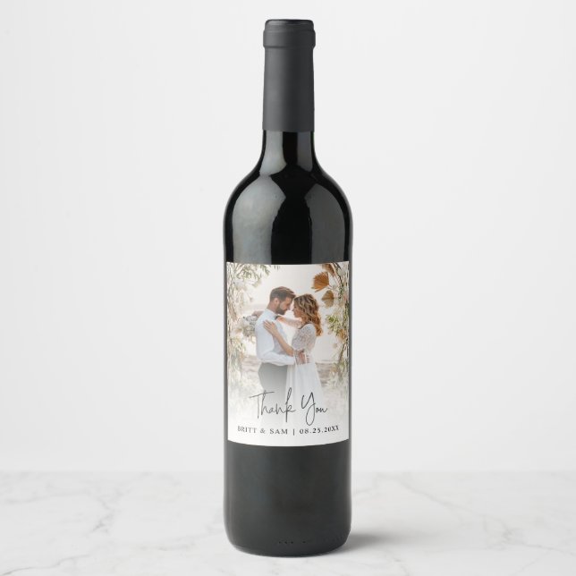 Étiquette Pour Bouteilles De Vin Boho Mariage Merci photo manuscrite (Devant)
