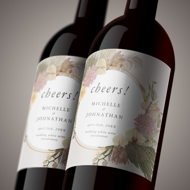 Étiquette Pour Bouteilles De Vin Boho Mariage Pampas Grass Palm Grass Orchid (Boho Wedding Pampas Grass Palm Grass Orchid Wine Label)