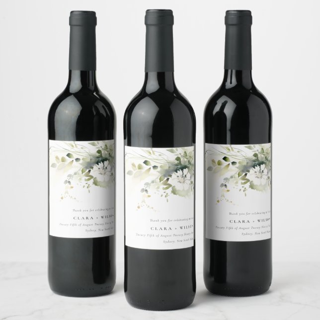 Étiquette Pour Bouteilles De Vin Boho moderne Abstrait vert blanc Mariage floral (Bouteilles)