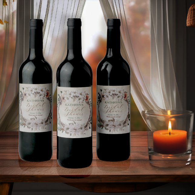 Étiquette Pour Bouteilles De Vin Boho Muted automnal floral Baby Shower (Boho Muted Fall Floral and Grapevine Wreath Fall in Love Bridal Shower Collection Wine Bottle Labels)