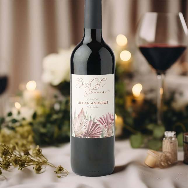 Étiquette Pour Bouteilles De Vin Boho Palm Foliage Tropicale Séchée Enterrement de  (Wine bottle labels from my Boho Palm Bridal Shower Collection)