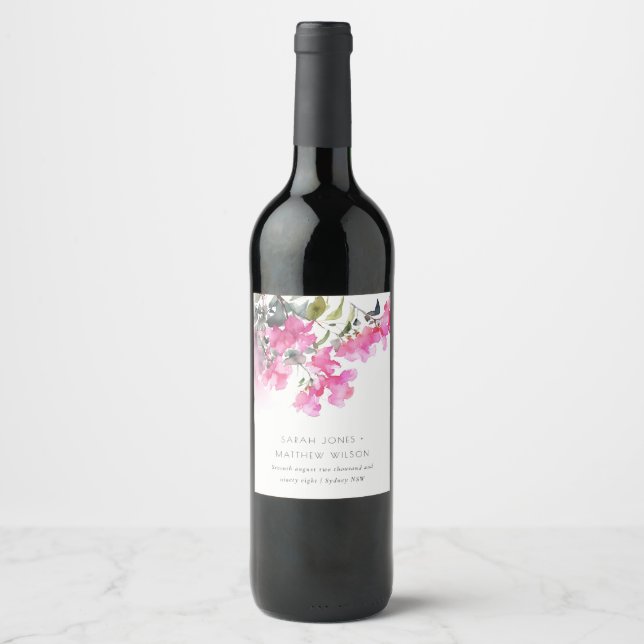 Étiquette Pour Bouteilles De Vin Boho Pink Green Bougainvillea Mariage (Devant)