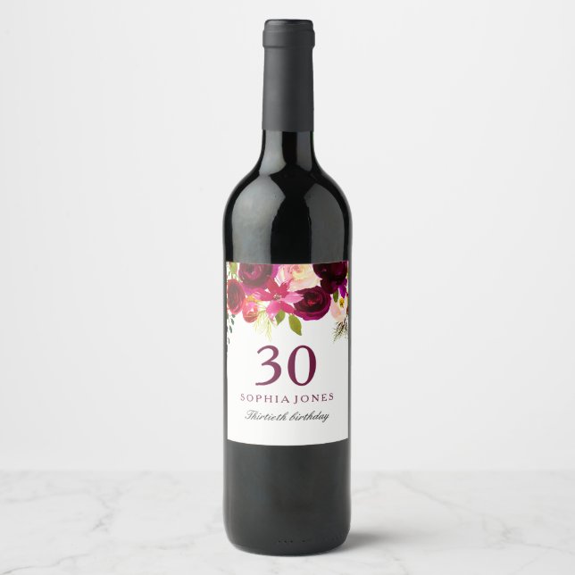 Étiquette Pour Bouteilles De Vin Boho rouge bordeaux 30e fête d'anniversaire (Devant)
