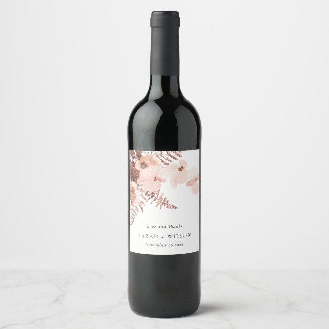 Étiquette Pour Bouteilles De Vin Boho séché rouille Blush Fern Mariage d'orchidée M (Devant)