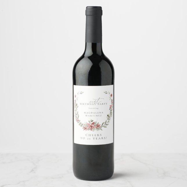 Étiquette Pour Bouteilles De Vin Boho Winter Greenery Red Floral 21e anniversaire (Devant)