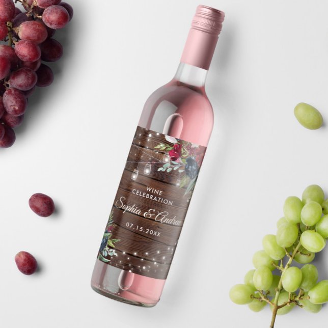 Étiquette Pour Bouteilles De Vin Bois rustique Bourgogne Floral Lumières Mariage (Créateur téléchargé)