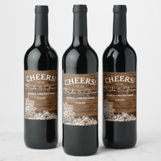 Étiquette Pour Bouteilles De Vin Bois rustique et dentelle | MARIAGE