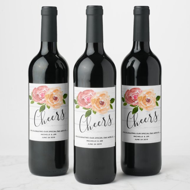 Étiquette Pour Bouteilles De Vin Bois rustique mariage à fleurs en bois (Bouteilles)