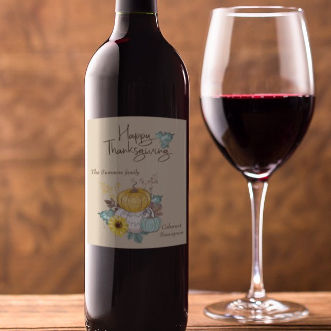 Étiquette Pour Bouteilles De Vin Bon thanksgiving aquarelle Joli Citrouille (Créateur téléchargé)