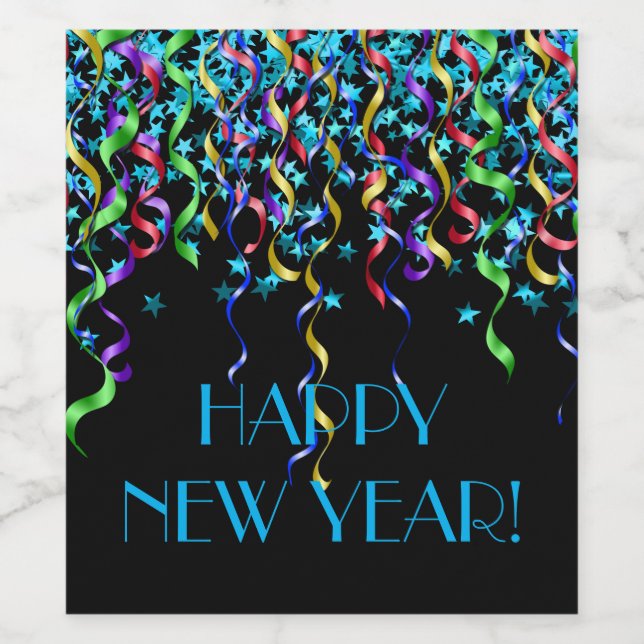 Étiquette Pour Bouteilles De Vin Bonne année ! Étoiles, Streamers Ruban (Étiquettes simples)