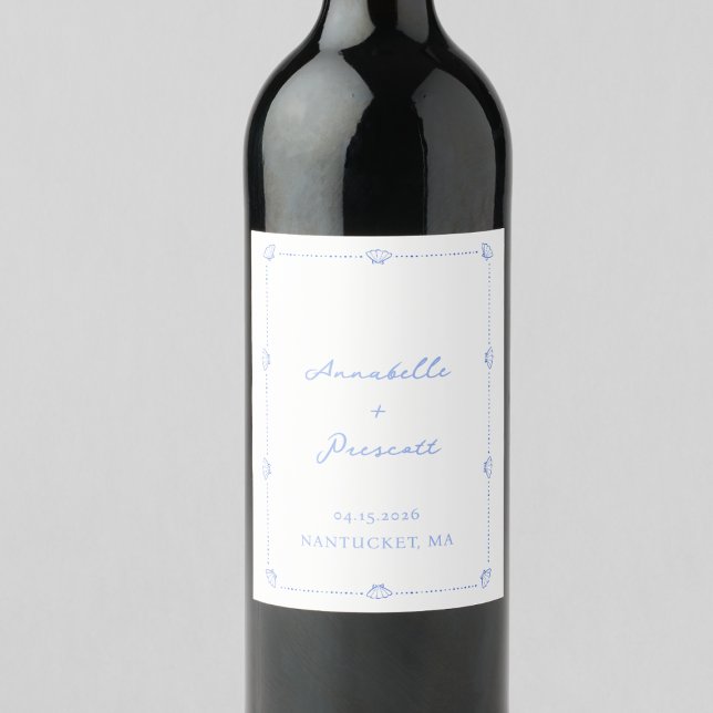 Étiquette Pour Bouteilles De Vin Bordure Coastal Chic Shell Elegant Mariage Bleu (Créateur téléchargé)